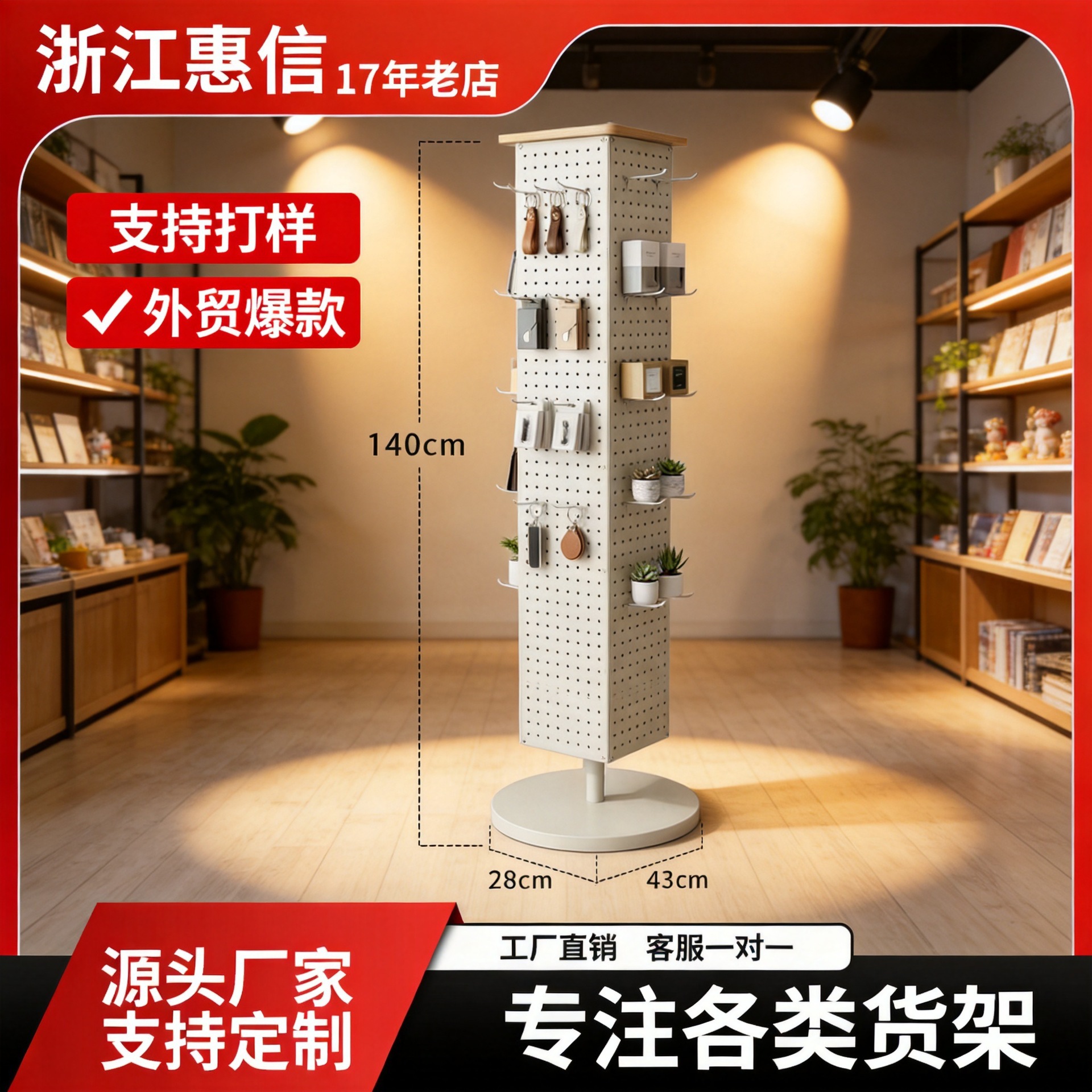 Custom-made thickened floor-standing metal display rack with rotating shelves and perforated panels, exclusively for cross-border sales, with free labeling for FBA warehousing