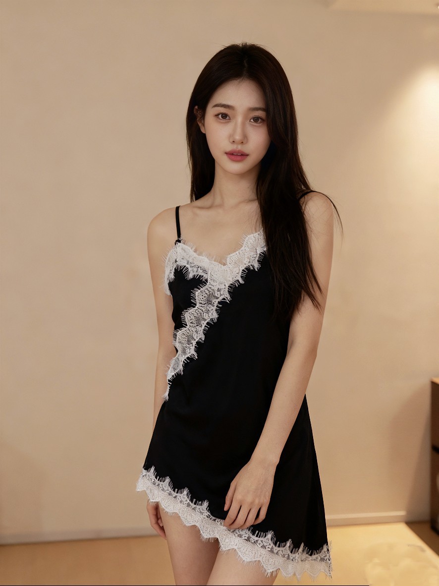 Cross-Border Export 2025 New European and American Sexy Eyelash Lace Suspender Skirt Ice Silk Eyelash Edge Asymmetric Nightgown