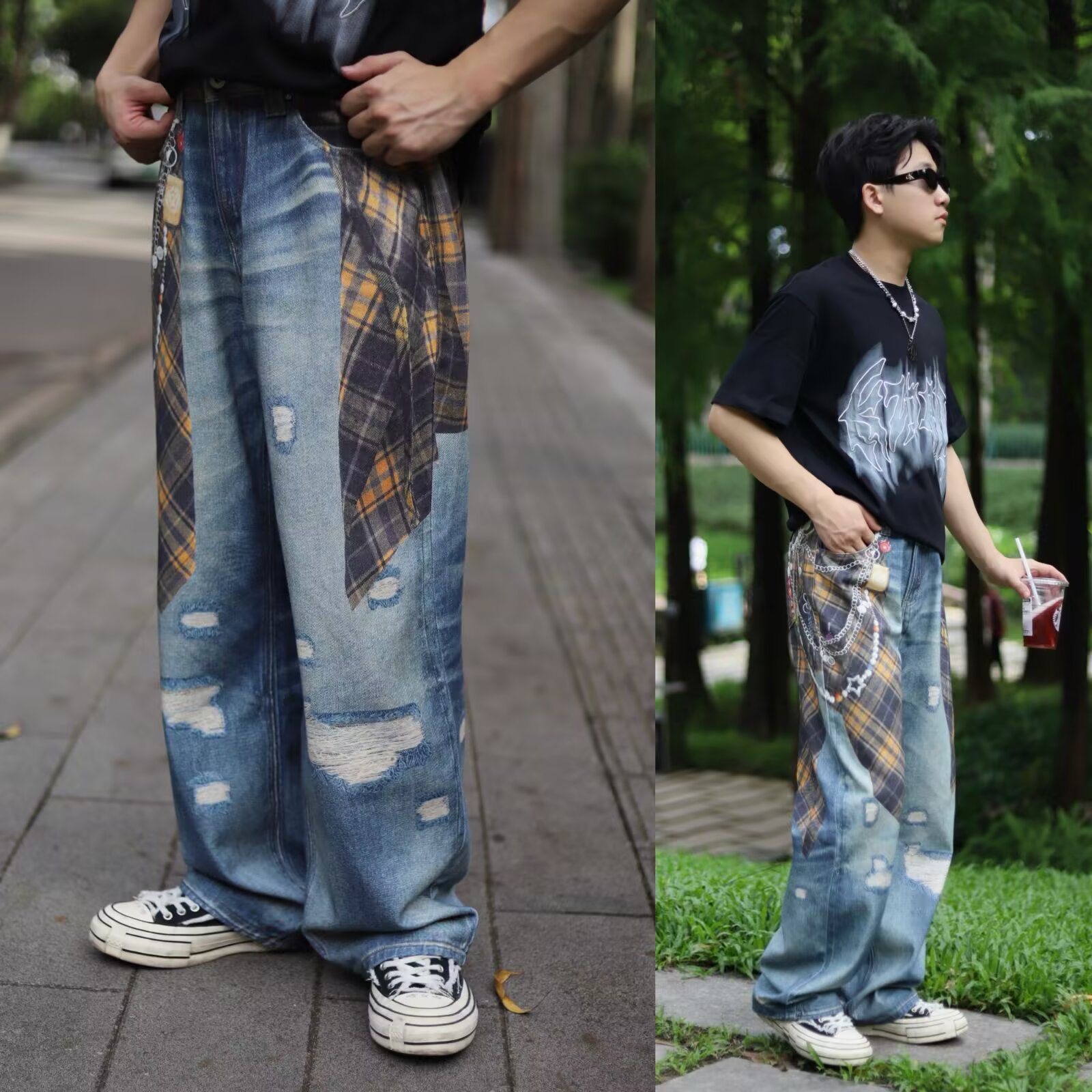 Herren Jeans Im Retro Patchwork Design Mit Geradem Beinverlauf_voghion.com