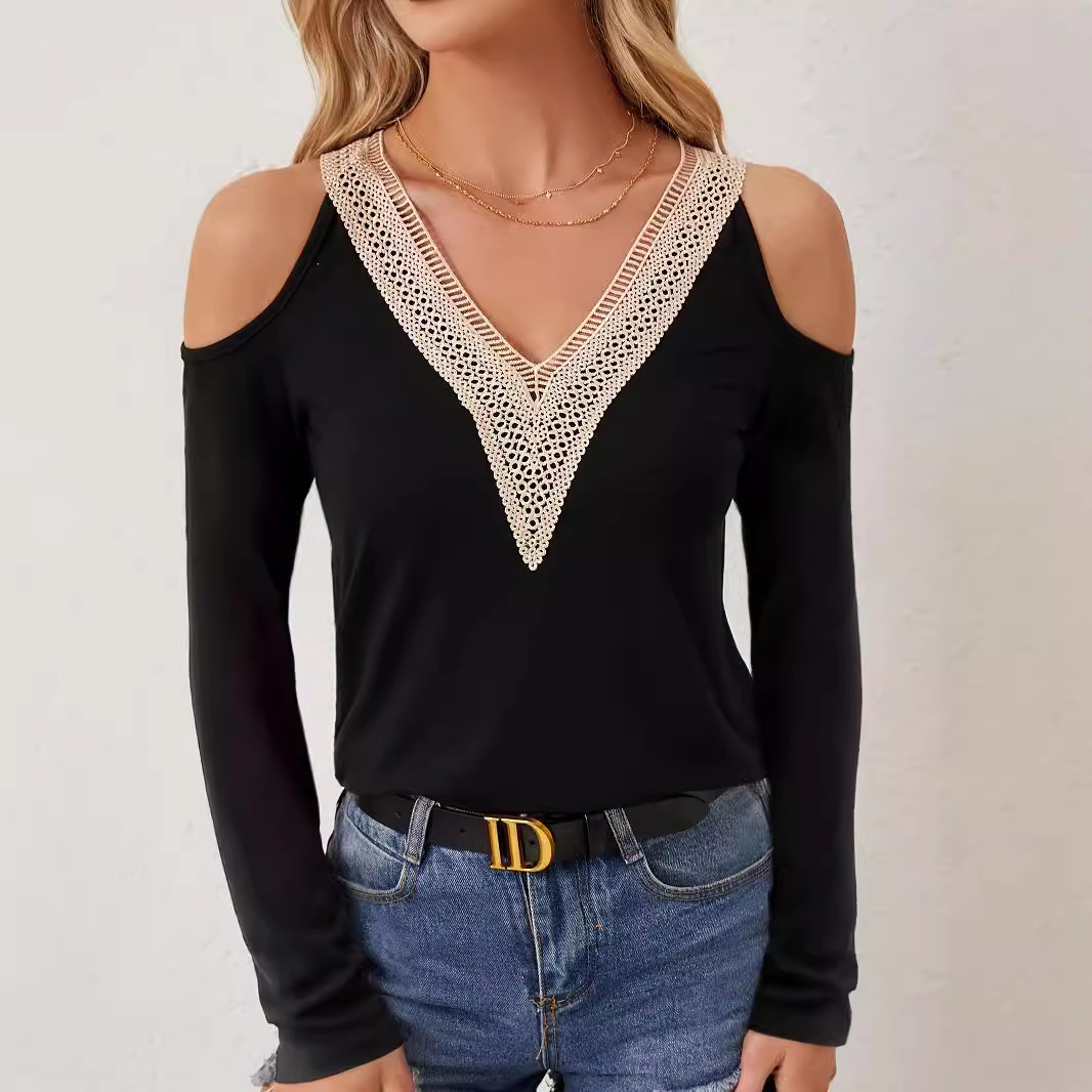 European and American cross-border 2025 new elegant lace V-neck applique sleeve hollow long sleeve solid color T-shirt slim top for women