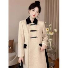 高级感气质毛呢外套女秋冬季2025新款撞色翻领中长款羊绒呢子大衣