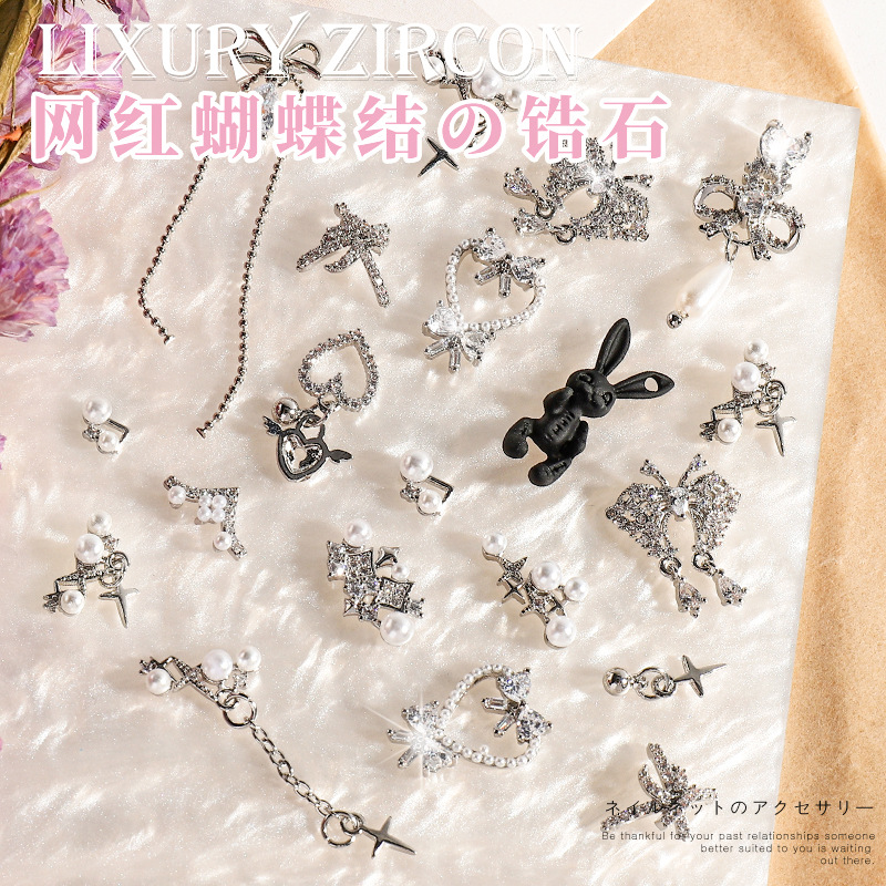 Joyería de uñas arco LZ ZIRCON Super Flash Diamond Girl Rosa Cadena de perlas tridimensional cráneo conejo decoración de uñas