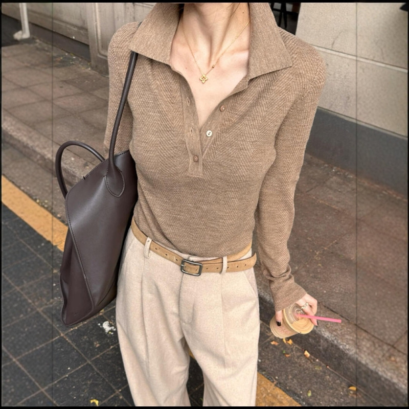 Brown Short Old Money Style Polo Collar Knitted Sweater for Women in Autumn and Winter, High-End Inner Layering Shirt Top