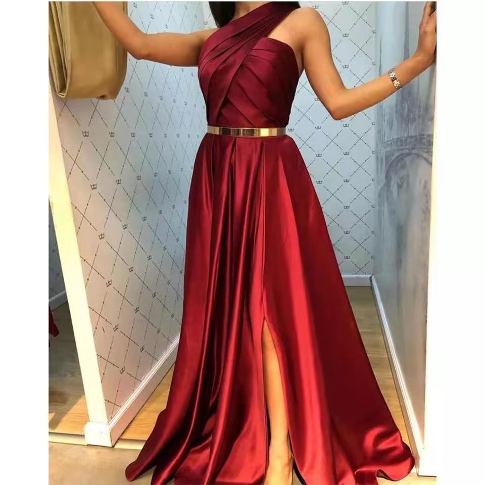 Comercio exterior de Europa y América Amazon AliExpress deseo nuevo vestido noche sexy un hombro elegante simple satén Split