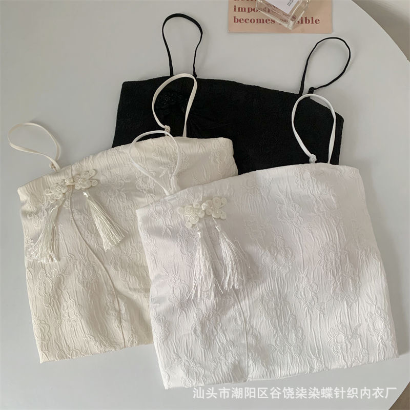 Retro Chinese Style Cheongsam Camisole Tube Top with Breast Pads for Inner Wear and Outer Wear Sexy Pleated Bottoming Top for Women