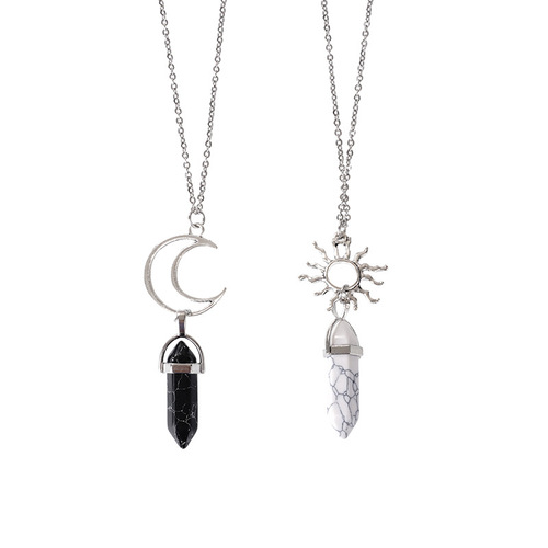 2 packs of new European and American cross-border retro sun and moon natural stone hexagonal column crystal couple jewelry necklaces