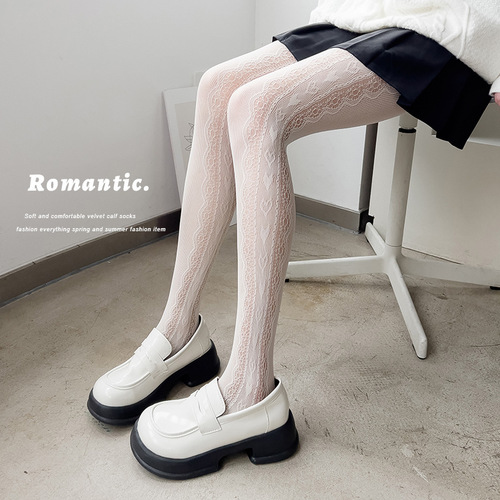 Spring and summer bare leg artifact Lolita milk white side love hollow lace jacquard pantyhose manufacturer approved
