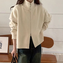 洋气双拉链针织开衫女2025秋冬新款立领毛衣外套纯色宽松针织衫