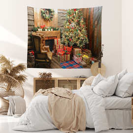 跨境专供 圣诞节圣诞树壁炉礼物盒子图案印花挂毯装饰背景布