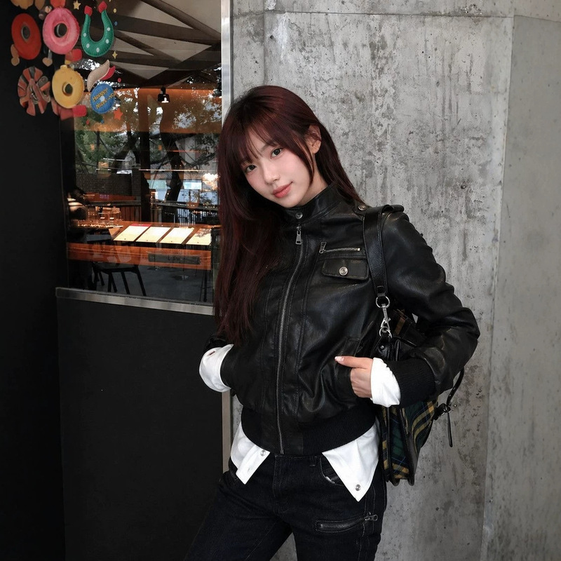 American retro black cool style leather jacket for women, spring and autumn short high-end fashionable slim-fit biker jacket