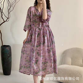 2026夏季国风新中式苎麻印花V领中长斜襟衬衫裙优雅茶服连衣裙
