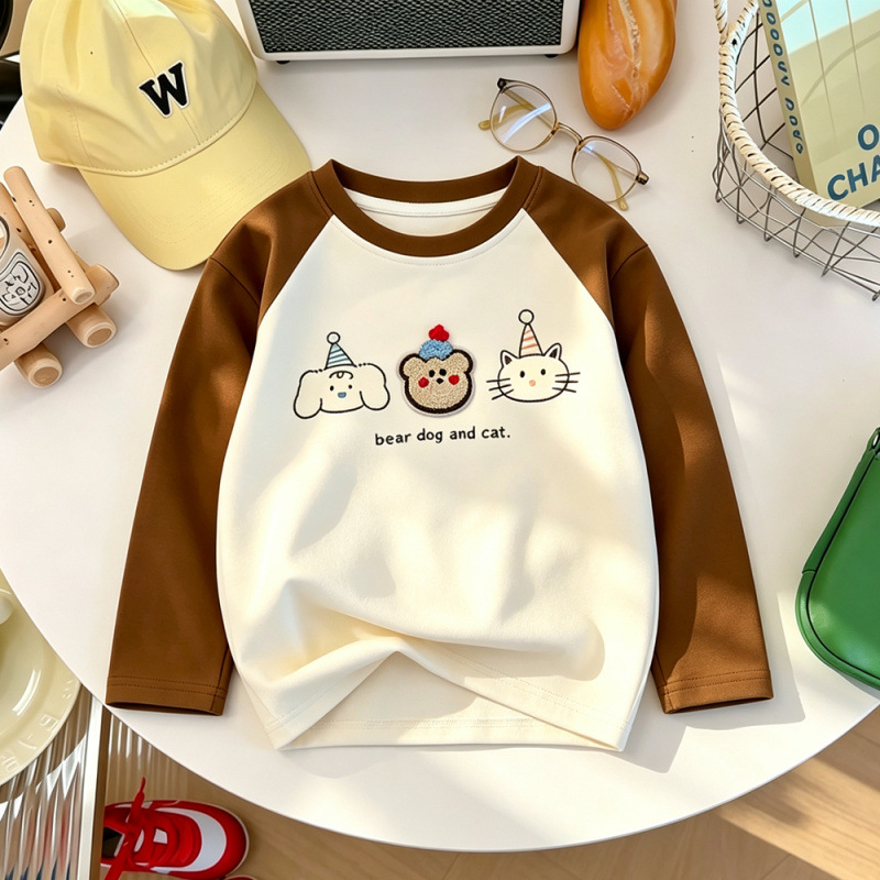 Brown color-blocked cartoon bear terry cloth embroidered long-sleeved T-shirt, autumn Korean style, loose, casual, versatile, pure cotton children's top.