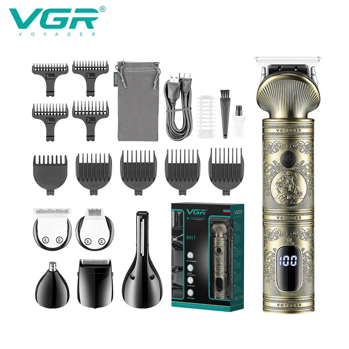 Elektrisches Haarschneidemaschinen-Set, multifunktional 6-in-1 mit Digitalanzeige, Haartrimmer, Nasenhaartrimmer, Kotelettentrimmer für Herren_voghion.com
