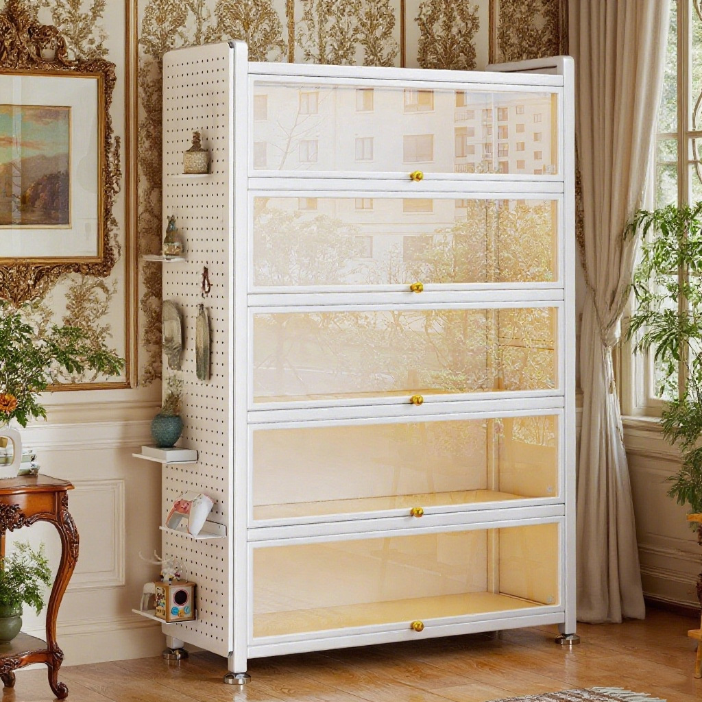 Steel Bookshelf with Transparent Glass and Doors, Dustproof Display Cabinet, Iron Storage Cabinet for Model Figurines
