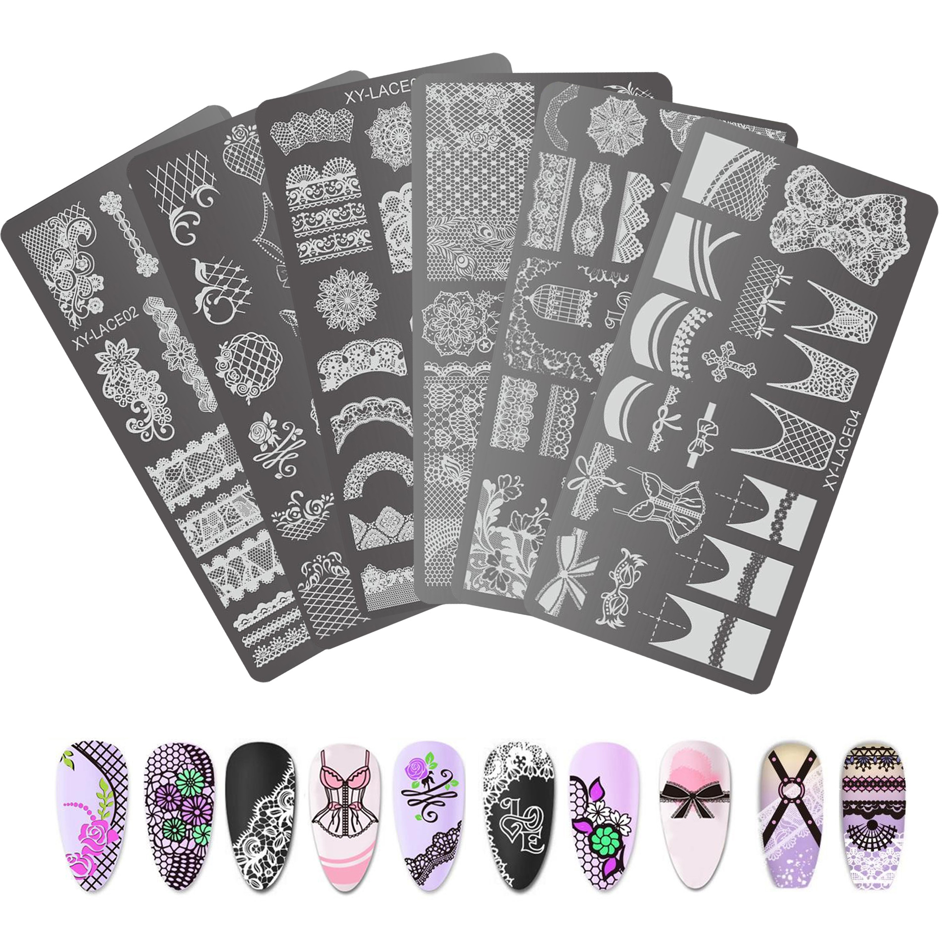Red de Internet estilo caliente arte de uñas estampado placa de acero encaje flor francesa línea hueca plantilla de transferencia con diafragma de color
