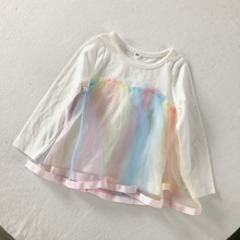 1-6歲春夏款森系拼接彩虹紗裙款甜美女童寶寶圓領套頭長袖T恤上衣