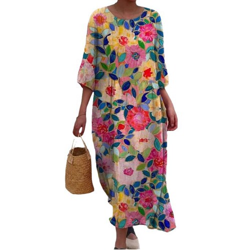 2024 Summer Cross-Border Amazon European and American Women's Casual Fashion Round Neck Long Print Dress for Women