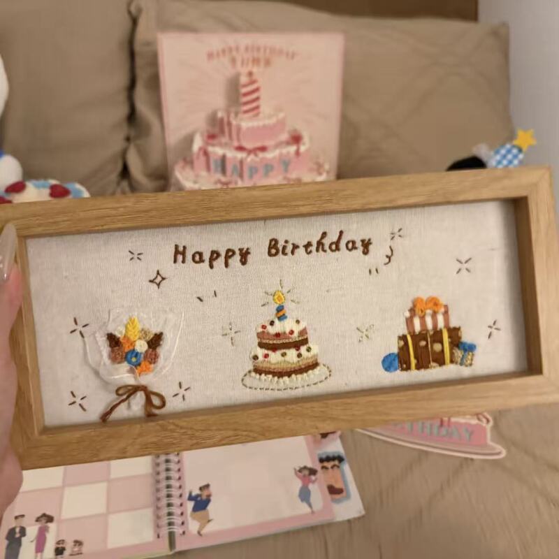 [High Quality] Happy Birthday Embroidery Photo Frame Handmade DIY Material Kit Desktop Decoration Creative Gift for Friends