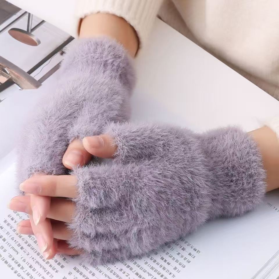 half finger gloves female winter exposed five finger velvet warm-keeping and cold-proof imitation mink touch screen office half finger gloves student
