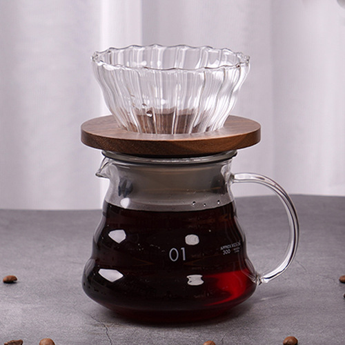 Wholesale high boron glass cloud coffee pot set walnut wood tray V60 coffee filter filter cup sharing pot