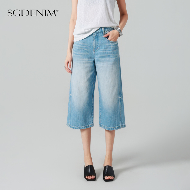 Relaxed Japanese Style/7/8 Length High-Waisted Jeans for Women, Petite Straight-Leg Pants, Loose Fit, Light Blue, Versatile, Size 26, New Summer Style