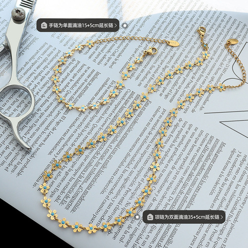 Small fresh 18k gold plated flower blue oil drop necklace bracelet niche light luxury bracelet necklace P075-E012