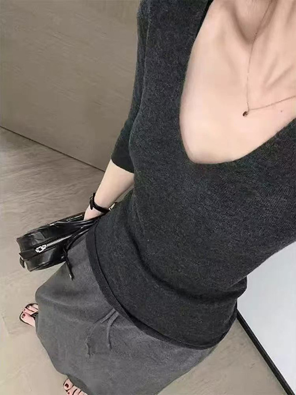 深灰色大领口羊毛修身打底衫毛衣女秋冬内搭可外穿小个子针织上衣|undefined