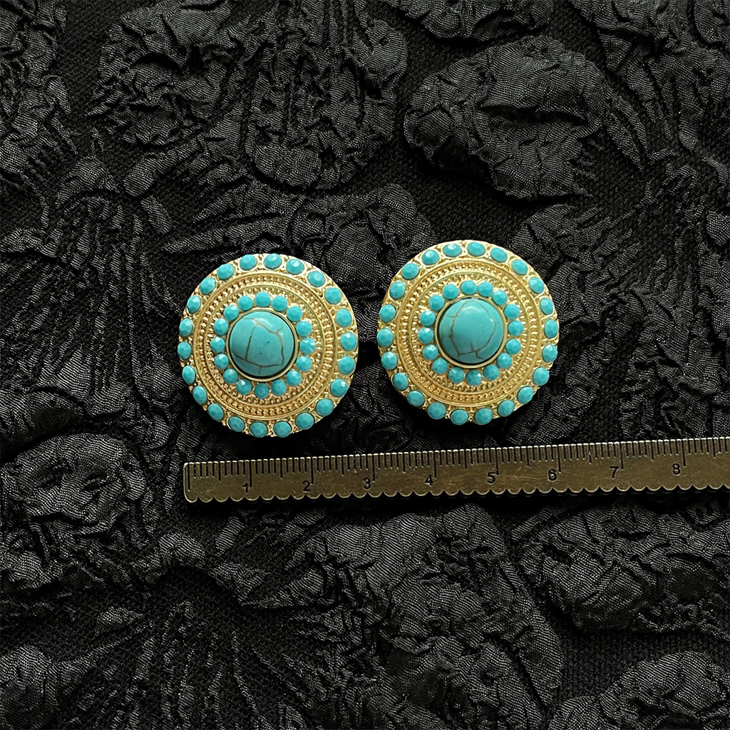 5g Weight Bracelets, Earrings Classification Copper Material Star, Turquoise, Oval Pattern 1999 Vintage Turquoise Gold Earrings Collection Vintage Bohemia Style Grids Geometric Pattern Copper Jewelry Women Fashion Accessories 4