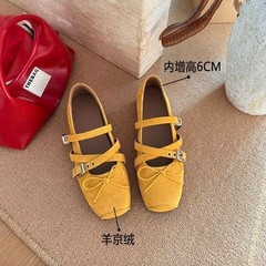ソフトレザーバージョン 6 センチメートル高さスクエアトゥボウベルトバックル浅い口メリージェーンシューズ女性のソフトソールバレエシューズ
