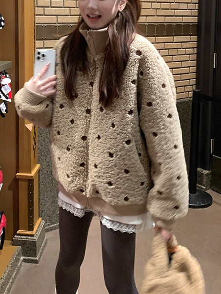 暖冬甜豆 ~ 多色の毛茸感の子羊の毛の厚いコートの女性の冬の短いタイプの甘いぬいぐるみの上着|undefined