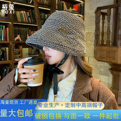 优雅秋冬法式帽子小香风简约格纹显脸小渔夫帽时尚卷边水桶帽盆帽