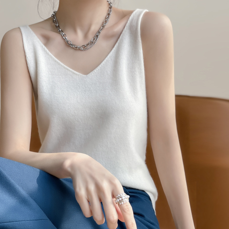 Women's 100 All Wool Knitted Sling Sleeveless Base Sweater Korean-style V-neck Solid Color Cashmere Vest