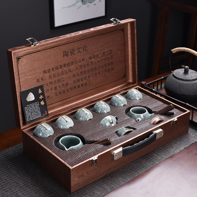 Ceramic Ge kiln open piece gold wire side handle pot set kung fu tea set suit business gift wooden gift box