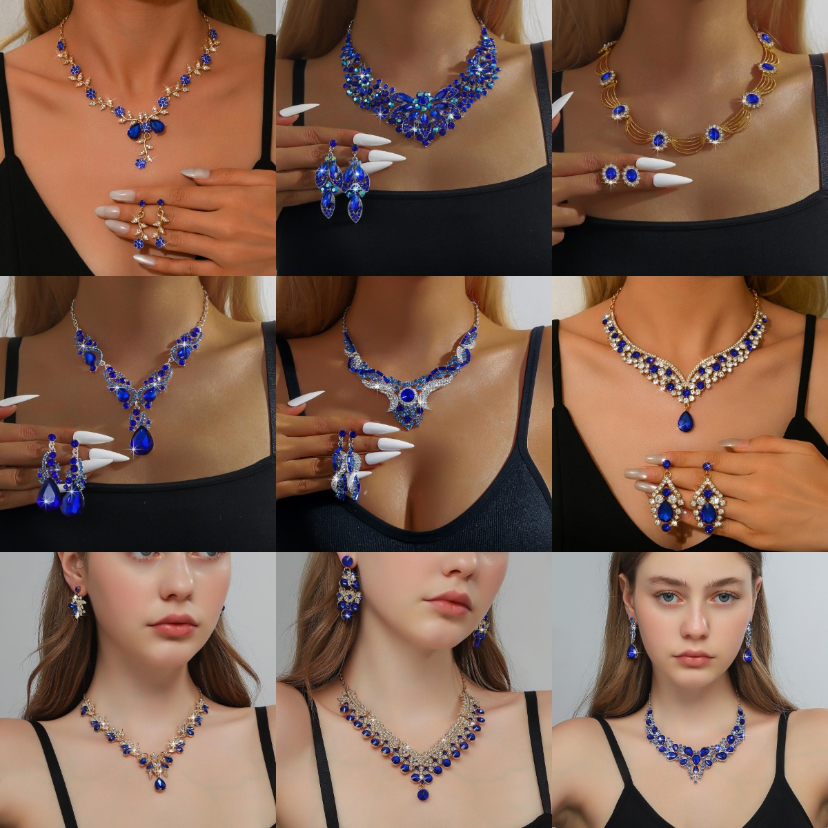 European and American Cross-Border Bridal Diamond Necklace Earrings Jewelry Set Women's Fashion Prom Party Accessories Wholesale