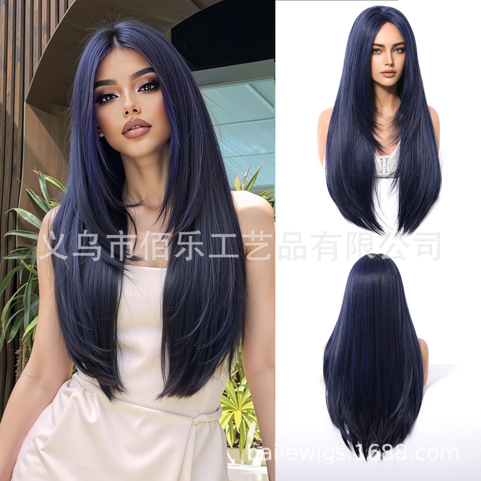 Peluca negra transfronteriza con raya al medio, cabello largo y liso, cobertura completa, suave y natural, red de rosas, pelucas en stock listas para envío del fabricante. image 9