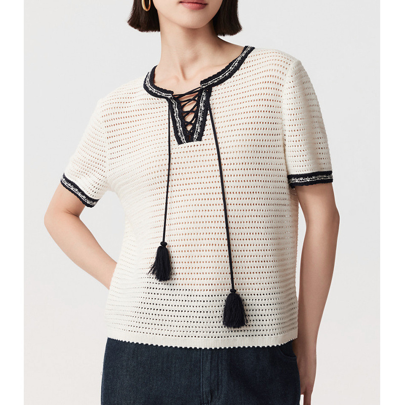 [Vs Order] 26 Summer New Style Hollow Jacquard Color-Block Lace Tassel Tie-Neck Knit Top Breathable Short Sleeve