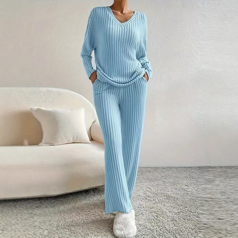 2025 Autumn/Winter New Cross-Border Home Fashion Casual Straight-Leg Pants Set, Elegant Loose V-Neck Ribbed Two-Piece Outfit
