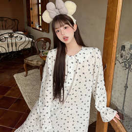 露思同款 秋季韩版ins纯棉复古小碎花睡裙女甜美花边少女长裙睡衣