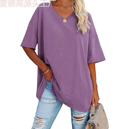 European and American Women's Spring/Summer Colorful Loose-Fit Half-Sleeve V-Neck Cotton Cinched Top