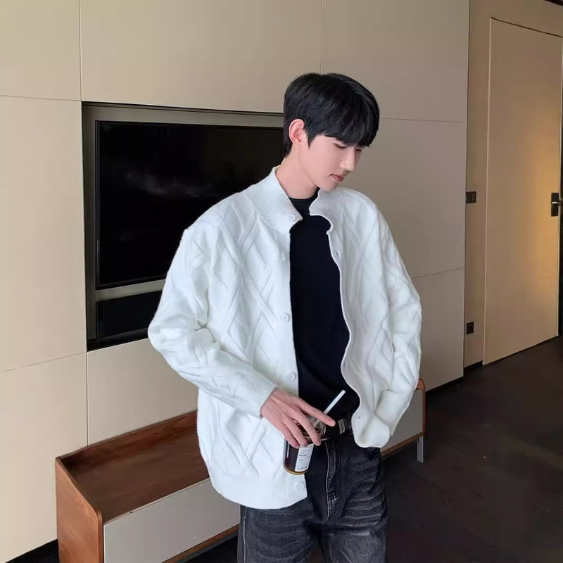 Korean Style Autumn and Winter 2024 Diamond Plaid Knitwear Cardigan Sweater Men's Fashion All-match Coat Tops Trendy