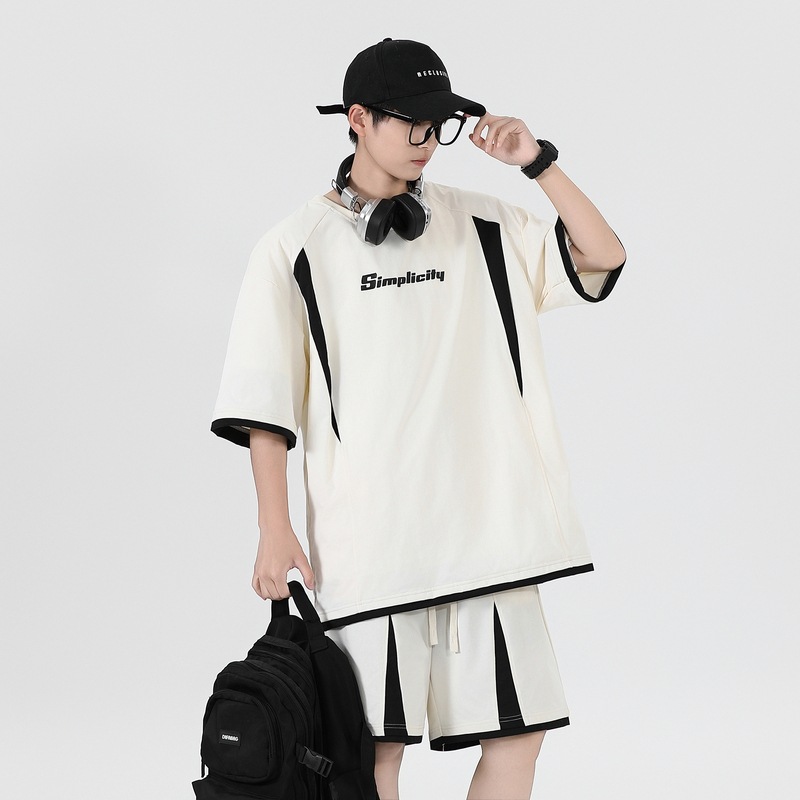 Traje deportivo casual suelto de verano para adolescentes de dos piezas de pantalones cortos de manga corta de moda guapos sueltos