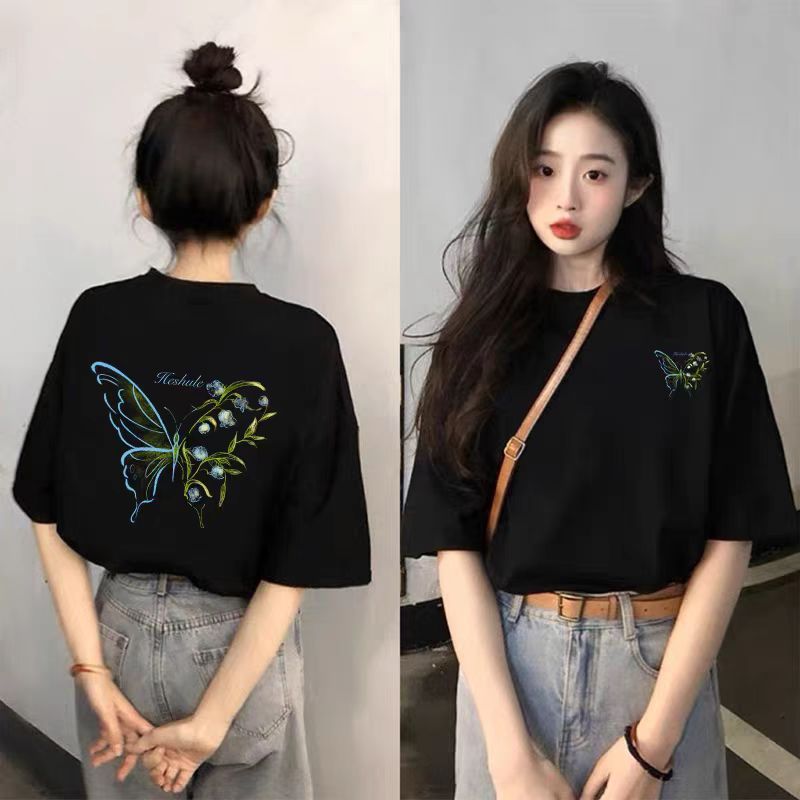 夏の純粋な綿の女性のための半袖 tシャツ 2025 新しいホットスタイル白ルーズカジュアル多用途 tシャツファット mm トップ服|undefined