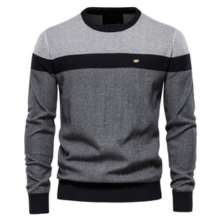 Men's Sweater 2024 Autumn and Winter Striped Patchwork Long-Sleeve Men's Knitwear Round Neck Men's Casual Sweater Patchwork Design