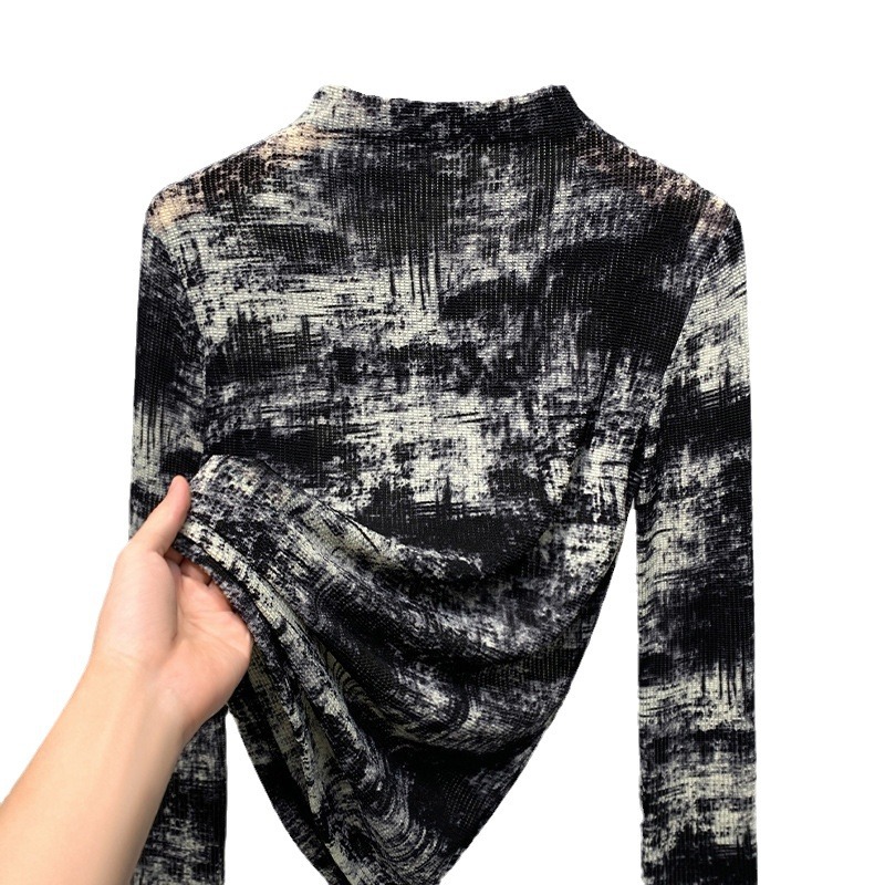 Media altura cuello de manga larga camisa de tela de tela para mujeres 2024 nuevo otoño delgado camiseta de moda de reducción de edad extranjera chaqueta teñida