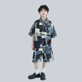 男童衬衫短袖夏季套装2026新款青少年男孩港风拼色夏装衬衣两件套