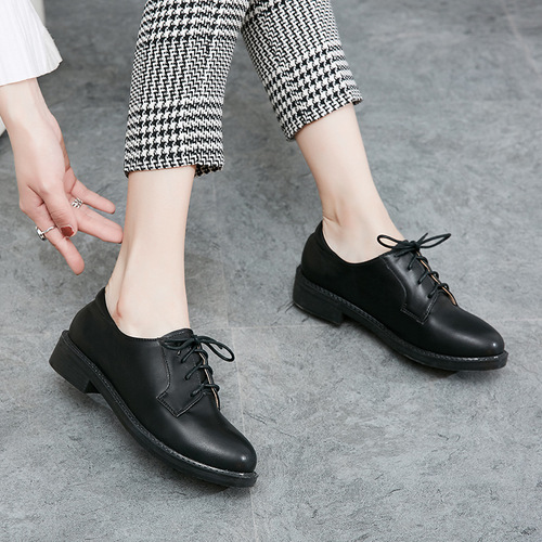 Small leather shoes for women, British style college students, flat lace-up shoes, comfortable and versatile, black formal interview work shoes