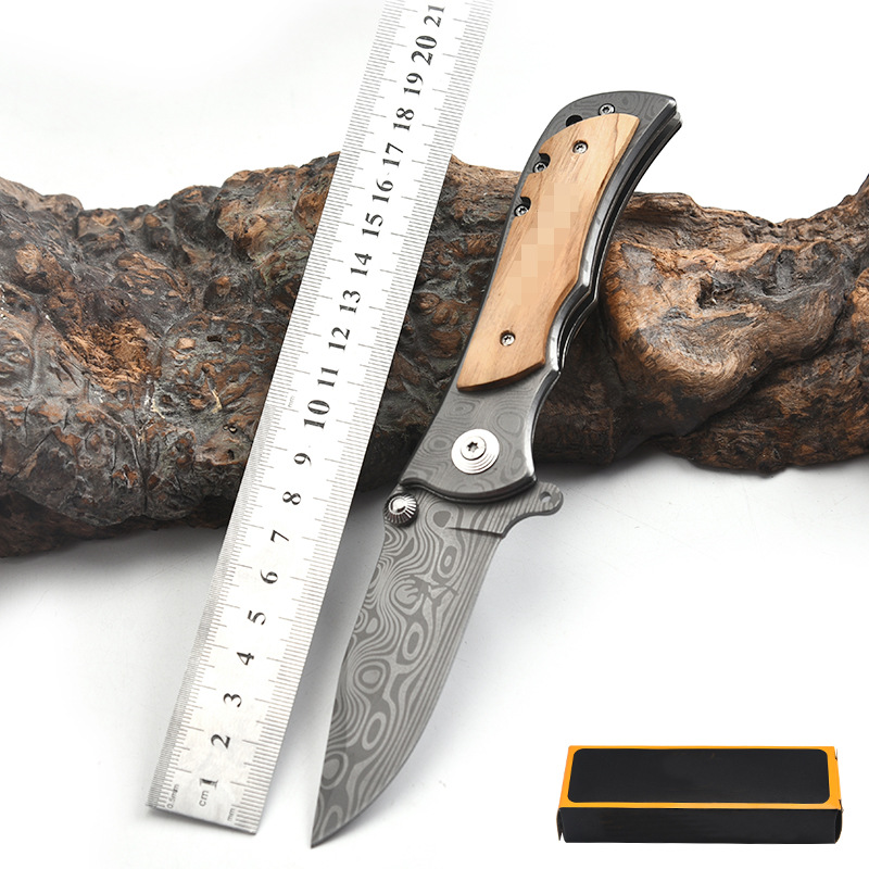 现货批发户外折叠刀不锈钢刀激光大马士革钢纹折叠刀野营防身小刀
