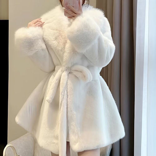 2025 Autumn/Winter New Plush Collar Winter Fitted Fox Faux Fur Coat Thick Warm Medium Length Fashion Overcoat