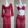 Red swimwear, long skirt flower-shaped