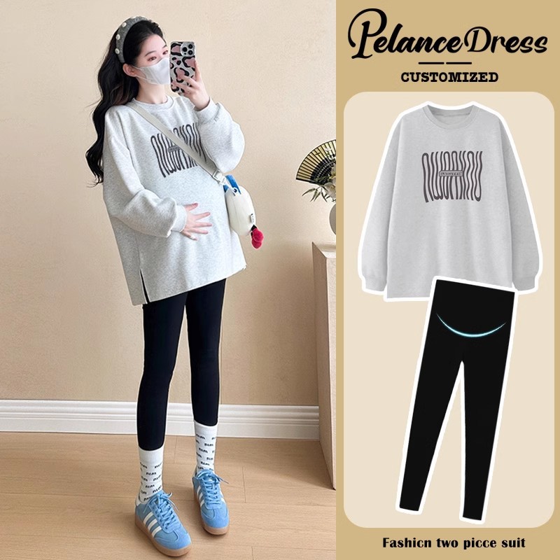 2025년 신상품 임산부복 화이트 그레이 스웨터 봄 가을 투피스 슈트 패셔너블 대형 쁘띠트 상의